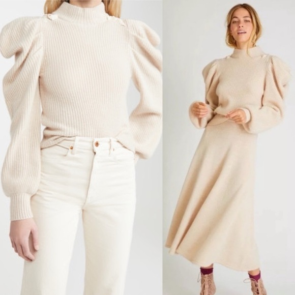LoveShackFancy Sweaters - LoveShackFancy- Beige Potter Sweater Size S Cashmere Puff Sleeve Fall Fashion